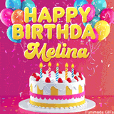 Pink-themed animated greeting with balloons, confetti, and a frosted cake under the message 'Happy Birthday Melina' in bold rounded yellow font.
