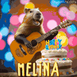 Animated birthday GIF showing a capybara playing guitar and singing beside a birthday cake with the name Melina in large letters and colorful bokeh lights in the background.
