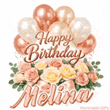 Animated Happy Birthday Melina greeting card with moving balloons and roses
