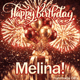Shimmering animated card with metallic red and gold balloons floating over a red gift package for Melinas celebration.