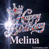 Shimmering animated card displaying a silver crown and glowing space light beams, personalized for Melina.