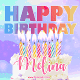 A vibrant animated name GIF with the words 'Happy Birthday Melina' with colorful candles on a creamy cake. The background sparkles with pastel shades, adding a festive touch.
