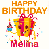 A vibrant and funny gift box character with a happy face dancing with a cupcake and the text 'Happy Birthday Melina,' surrounded by animated confetti and party vibes.