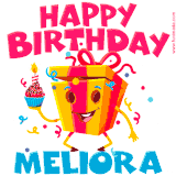A vibrant and funny gift box character with a happy face dancing with a cupcake and the text 'Happy Birthday Meliora,' surrounded by animated confetti and party vibes.