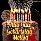 A chocolate birthday cake with glowing candles, the German text 'Alles Gute zum Geburtstag Melisa,' and vibrant fireworks lighting up the background in an animated GIF.