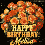 Animated bouquet of orange roses with moving butterfles and golden 'Happy Birthday Melisa' text, surrounded by sparkling accents and a dark backdrop for a luxurious feel.