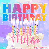 A vibrant animated name GIF with the words 'Happy Birthday Melisa' with colorful candles on a creamy cake. The background sparkles with pastel shades, adding a festive touch.