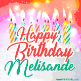 Bright birthday candles with rainbow flames on a cake, alongside the text 'Happy Birthday Melisande' in vibrant script in this celebratory animated GIF.