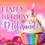A vibrant birthday GIF featuring a rainbow-colored cupcake topped with white frosting, sprinkles, and a lit candle. The text reads 'Happy Birthday Melisande' in bold pink and violet letters with white outline.