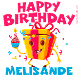 A vibrant and funny gift box character with a happy face dancing with a cupcake and the text 'Happy Birthday Melisande,' surrounded by animated confetti and party vibes.