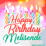 Bright birthday candles with rainbow flames on a cake, alongside the text 'Happy Birthday Melisende' in vibrant script in this celebratory animated GIF.
