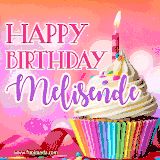 A vibrant birthday GIF featuring a rainbow-colored cupcake topped with white frosting, sprinkles, and a lit candle. The text reads 'Happy Birthday Melisende' in bold pink and violet letters with white outline.