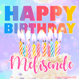 A vibrant animated name GIF with the words 'Happy Birthday Melisende' with colorful candles on a creamy cake. The background sparkles with pastel shades, adding a festive touch.