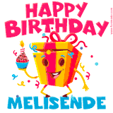 A vibrant and funny gift box character with a happy face dancing with a cupcake and the text 'Happy Birthday Melisende,' surrounded by animated confetti and party vibes.