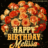 Animated bouquet of orange roses with moving butterfles and golden 'Happy Birthday Melissa' text, surrounded by sparkling accents and a dark backdrop for a luxurious feel.