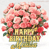 Golden 'Happy Birthday Melissa' text beneath a vibrant bouquet of orange roses, complete with glittering butterflies and sparkling details.