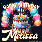 Bright birthday animation for Melissa with a chocolate cake, candles, balloons, and glowing celebratory lights.