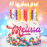 A cheerful white birthday cake with multicolor sprinkles, lit candles, and 'Melissa' written in vibrant letters, in an animated GIF.