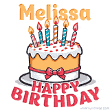 Cartoon birthday cake with a red bow, glowing candles, and 'Melissa Happy Birthday' text in bold animated style.