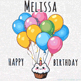 An adorable and cute cupcake with a smiley face and moving colorful balloons create a joyful birthday greeting for Melissa in this cheerful animated greeting E-card.