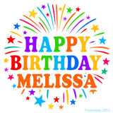 Happy Birthday Melissa' GIF with rainbow-colored letters, colorful stars, and fireworks on white background.