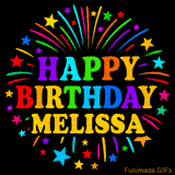Personalized greeting card with name, colorful text that says 'Happy Birthday Melissa' surrounded by animated fireworks and multicolor stars