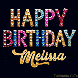 Vibrant luxury birthday greeting card for Melissa, showing glittering gemstone letters and golden calligraphy on a dark background with twinkling shine effects.