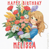 Bright floral birthday animation for Melissa showing a cute cartoon girl with golden hair and expressive eyes holding a huge bouquet, surrounded by birthday text.