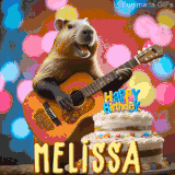 Animated birthday GIF showing a capybara playing guitar and singing beside a birthday cake with the name Melissa in large letters and colorful bokeh lights in the background.