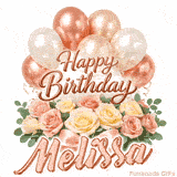 Seamlessly looping Happy Birthday Melissa wish with pastel flowers and balloons