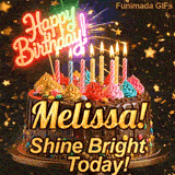 Multi-colored dollops of frosting and burning birthday candles on a chocolate glaze cake, custom-designed for Melissa.