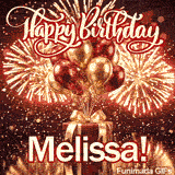 Elegant red present wrapped with a gold ribbon under a sky filled with spectacular golden firework bursts, custom-designed for Melissa.