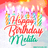 Bright birthday candles with rainbow flames on a cake, alongside the text 'Happy Birthday Melita' in vibrant script in this celebratory animated GIF.