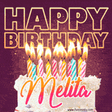 A colorful birthday cake topped with lit candles, with the words 'Happy Birthday Melita' in bold glowing letters on a burgundy background. Animated flames add a festive touch.