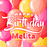 A vibrant name GIF featuring colorful balloons in shades of pink, orange, and yellow with the bold text 'Happy Birthday Melita' in festive fonts, creating a lively birthday vibe.