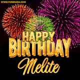A golden 'Happy Birthday Melite' message with vibrant fireworks in the background, creating a festive and celebratory vibe in this animated name GIF.