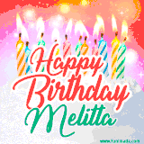 Bright birthday candles with rainbow flames on a cake, alongside the text 'Happy Birthday Melitta' in vibrant script in this celebratory animated GIF.