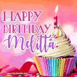 A vibrant birthday GIF featuring a rainbow-colored cupcake topped with white frosting, sprinkles, and a lit candle. The text reads 'Happy Birthday Melitta' in bold pink and violet letters with white outline.
