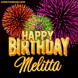 A golden 'Happy Birthday Melitta' message with vibrant fireworks in the background, creating a festive and celebratory vibe in this animated name GIF.