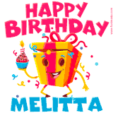 A vibrant and funny gift box character with a happy face dancing with a cupcake and the text 'Happy Birthday Melitta,' surrounded by animated confetti and party vibes.