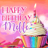 A vibrant birthday GIF featuring a rainbow-colored cupcake topped with white frosting, sprinkles, and a lit candle. The text reads 'Happy Birthday Melle' in bold pink and violet letters with white outline.