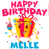 A vibrant and funny gift box character with a happy face dancing with a cupcake and the text 'Happy Birthday Melle,' surrounded by animated confetti and party vibes.