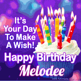 A colorful birthday GIF for Melodee featuring a cupcake with vibrant lit candles and the text 'It's Your Day to Make a Wish! Happy Birthday Melodee' in bold letters on a festive purple background.