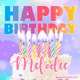 A vibrant animated name GIF with the words 'Happy Birthday Melodee' with colorful candles on a creamy cake. The background sparkles with pastel shades, adding a festive touch.