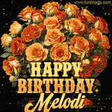 Animated bouquet of orange roses with moving butterfles and golden 'Happy Birthday Melodi' text, surrounded by sparkling accents and a dark backdrop for a luxurious feel.