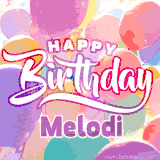 A vibrant name GIF featuring colorful balloons in shades of pink, orange, and yellow with the bold text 'Happy Birthday Melodi' in festive fonts, creating a lively birthday vibe.