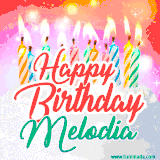 Bright birthday candles with rainbow flames on a cake, alongside the text 'Happy Birthday Melodia' in vibrant script in this celebratory animated GIF.