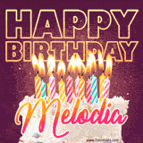 A colorful birthday cake topped with lit candles, with the words 'Happy Birthday Melodia' in bold glowing letters on a burgundy background. Animated flames add a festive touch.
