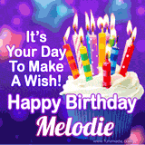 A colorful birthday GIF for Melodie featuring a cupcake with vibrant lit candles and the text 'It's Your Day to Make a Wish! Happy Birthday Melodie' in bold letters on a festive purple background.