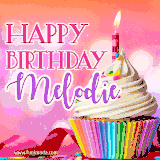 A vibrant birthday GIF featuring a rainbow-colored cupcake topped with white frosting, sprinkles, and a lit candle. The text reads 'Happy Birthday Melodie' in bold pink and violet letters with white outline.